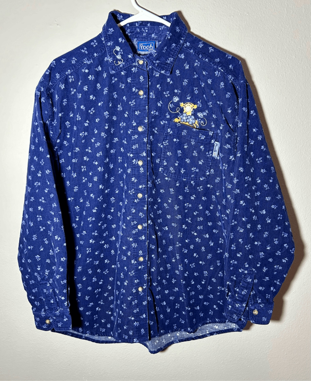 Vintage Tigger Embroidered Blue Corduroy Button Down Disney Pooh Brand Sz L